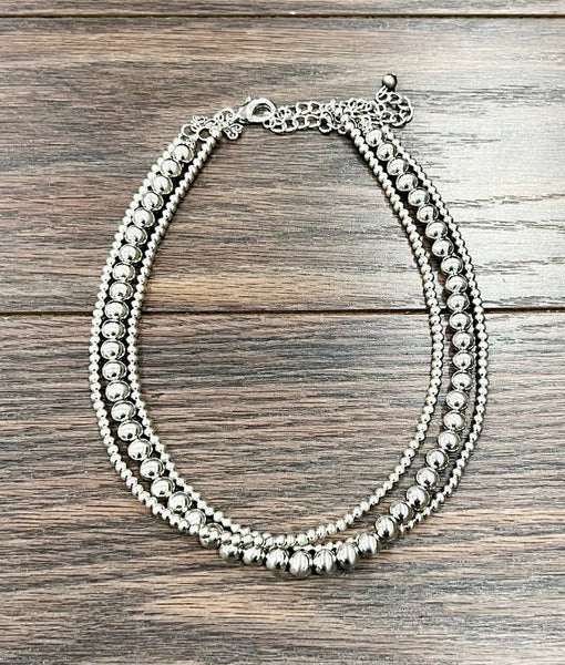 3 Strand 4&8mm Handmade Silver Navajo Bead Necklace