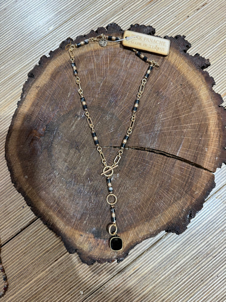 Black & Gold Cylinder Bead Drop Necklace