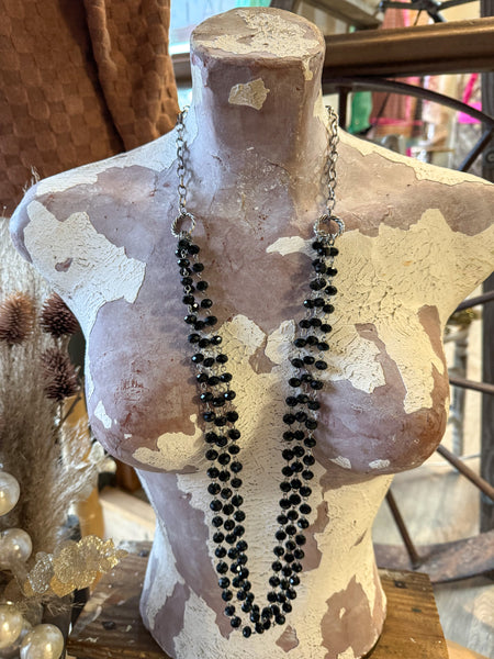 Long Black Crystal Bead & Chain Necklace