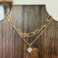 Layered Chain & Crystal Pendant Necklace