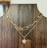 Layered Chain & Crystal Pendant Necklace